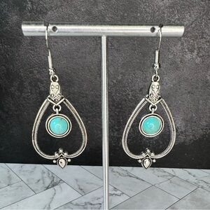 Silvertone Faux Turquoise Boho Southwestern Earrings SKU A